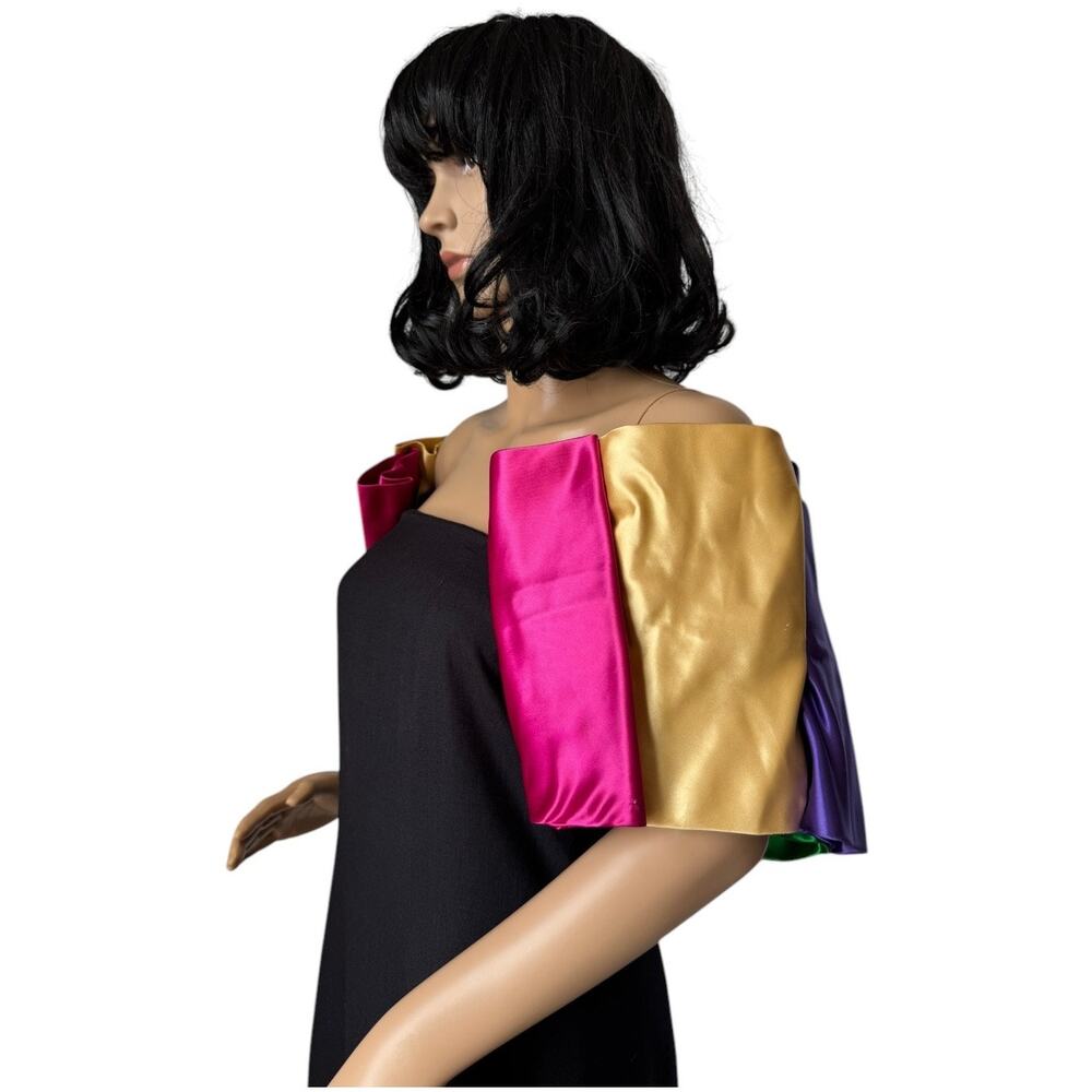 Vintage 80's black with off shoulder multi colors puff satin sleeves size s-m - Picture 4 of 16